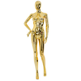 Manequim feminino brilhante mo na cintura pernas pose dourado