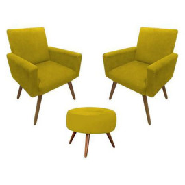 Kit 2x poltrona decorativa cecilia puff munique suede amarelo pes castanho
